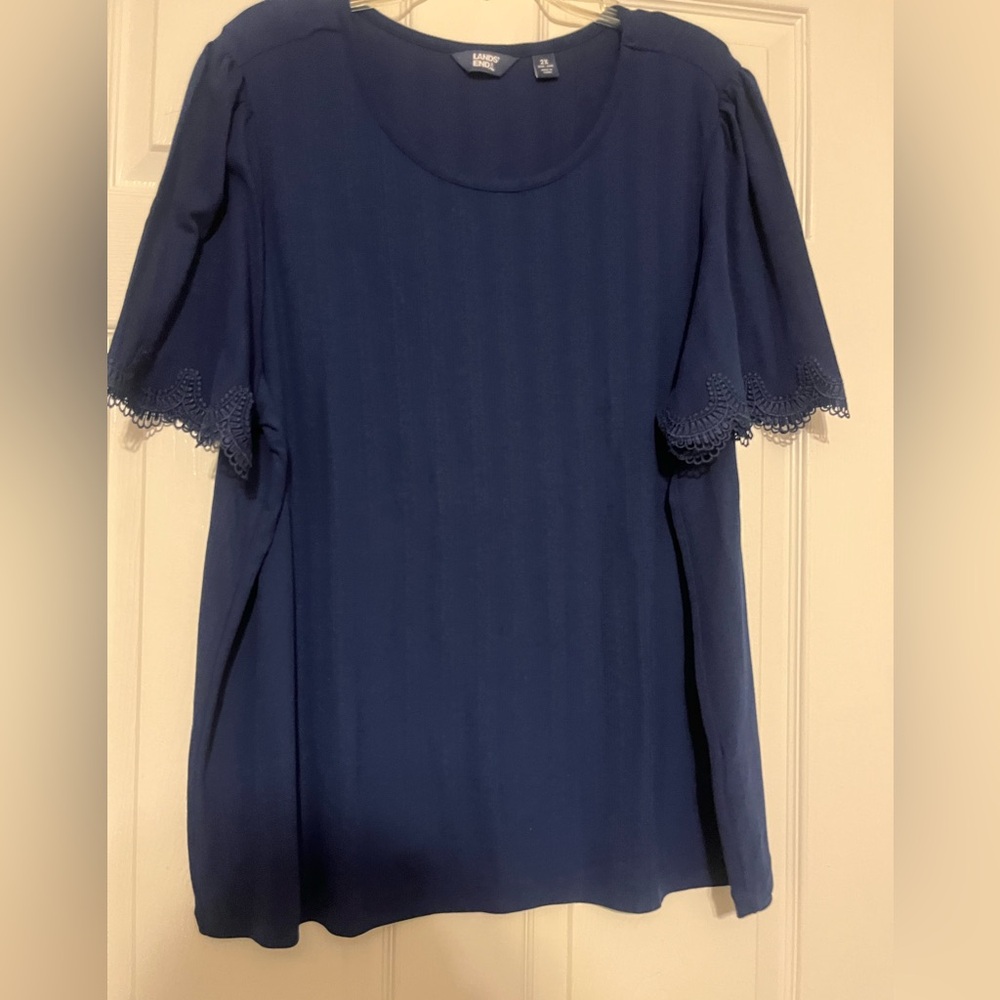 Lands' End Navy Short-Sleeve Tunic with Lace-Trim Sleeves
